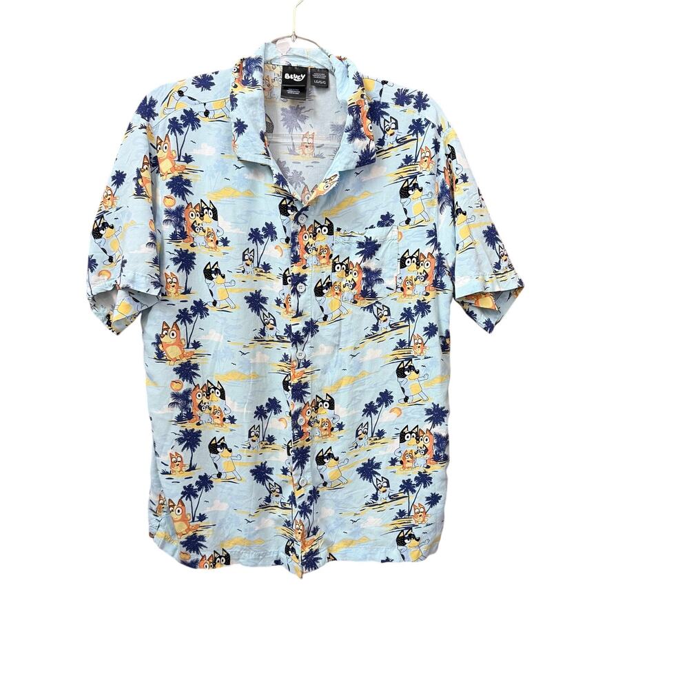 Bluey Mens Button Down Shirt Hawaiian Style Size Large Lightweight